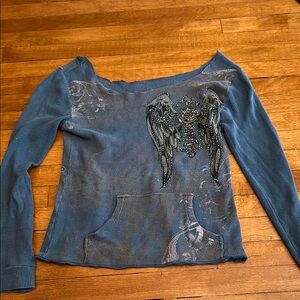 Vintage Blue Off-Shoulder Long Sleeve with Bedazzled Angel Wing Design